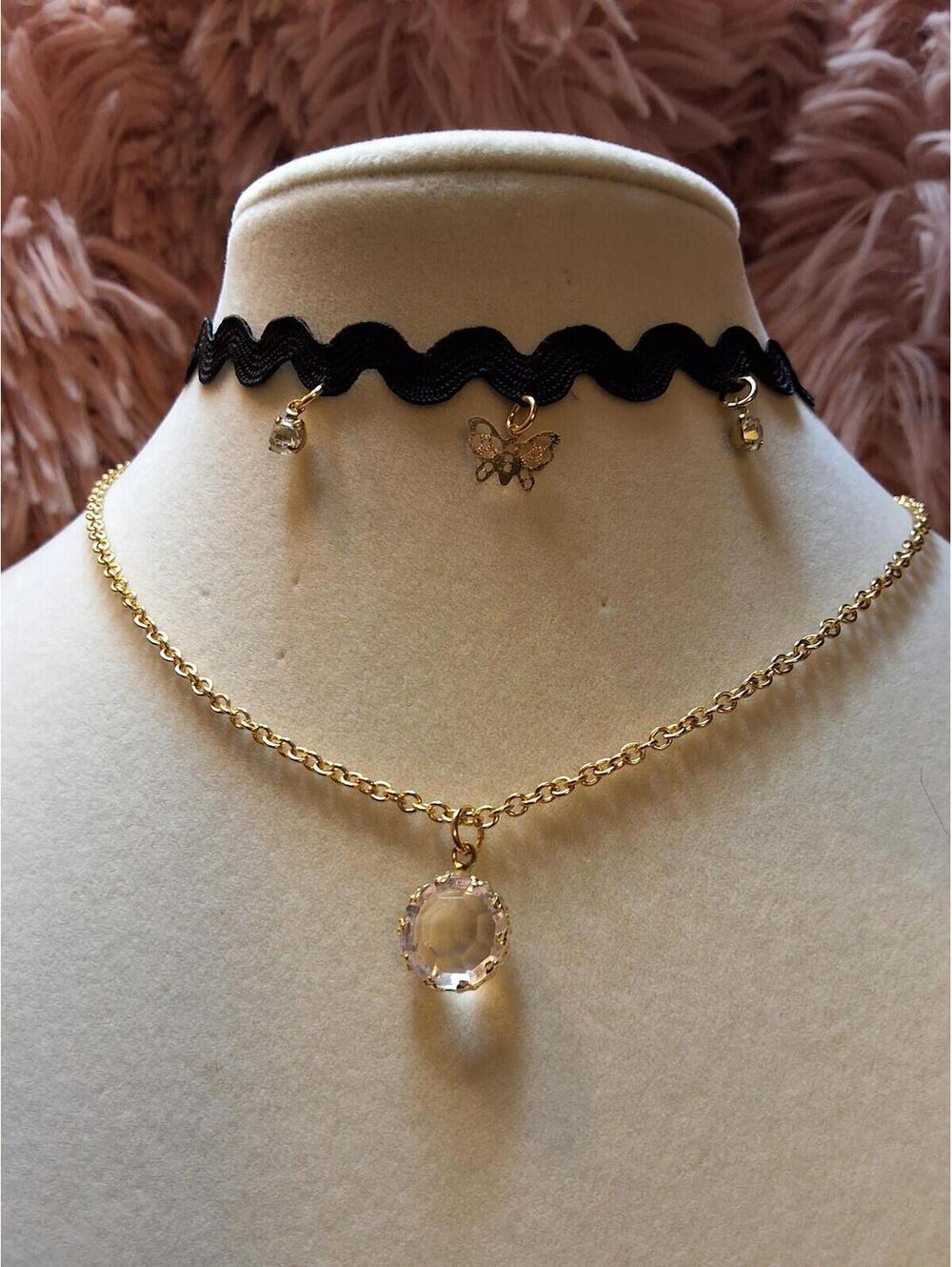 RICK RACK BUTTERFLY CHOKER BLACK WITH GOLD CHAIN AND CRYSTAL PENDANT
